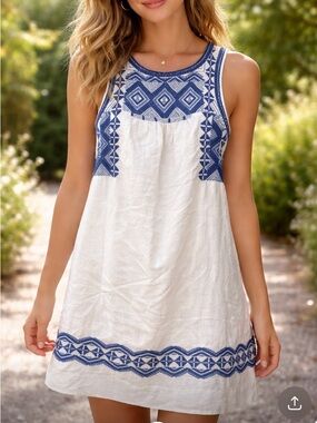 Madewell Blue & White Embroidered  Dress w Pockets Cotton Lined Medium C5813